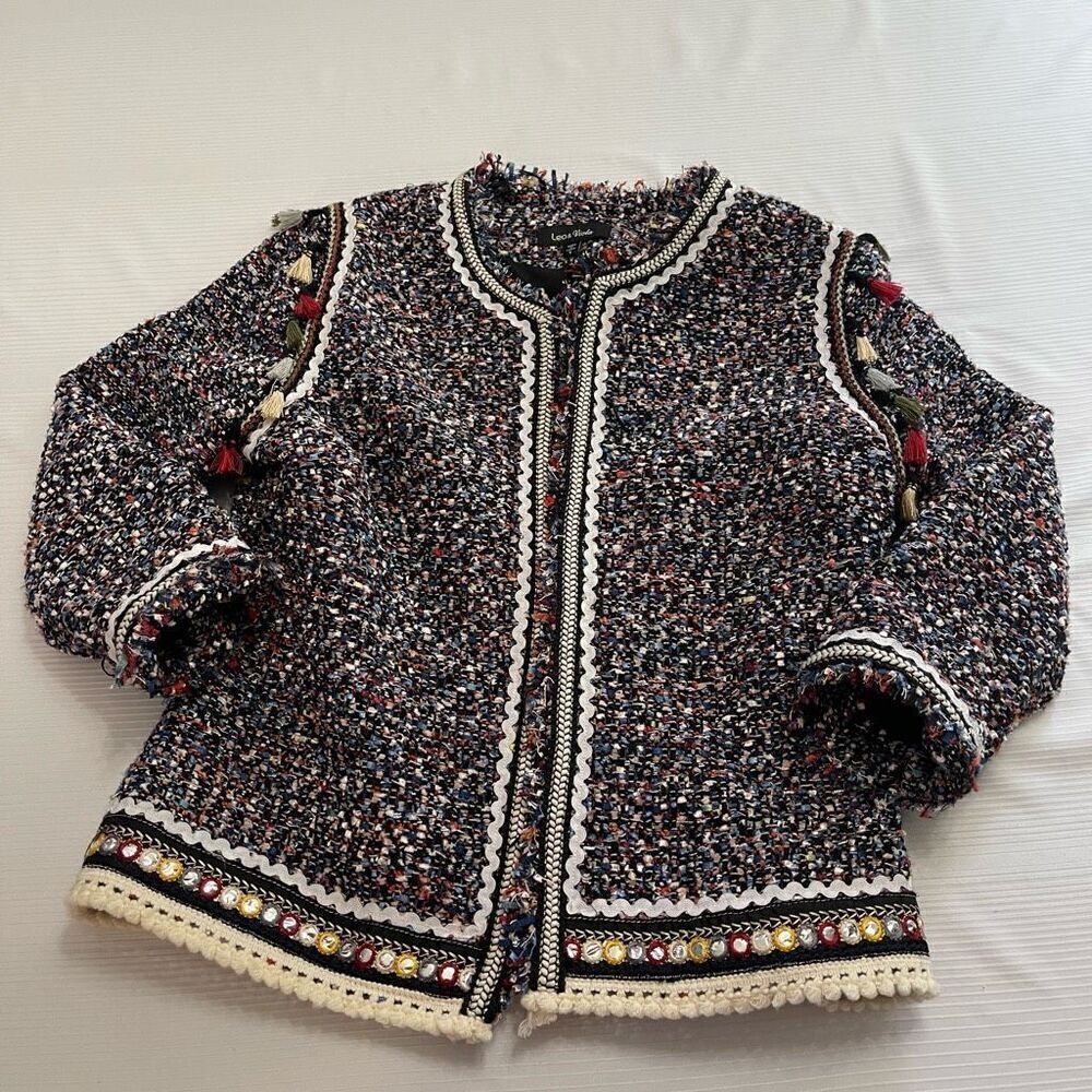 Lea & Viola Boucle Fringe Tassel Trim Jacket Size Small